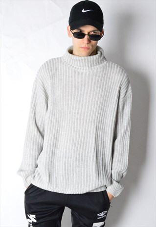 VINTAGE 90S GREY RIBBED KNIT WOOL BLEND TURTLENECK JUMPER