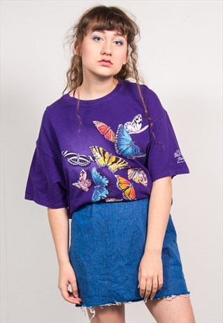 VINTAGE 90'S PURPLE BUTTERFLY PRINT OVERSIZED T-SHIRT