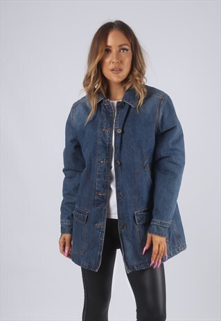 VINTAGE DENIM JACKET LANDS' END LONGLINE UK 10 - 12 (G7BL)