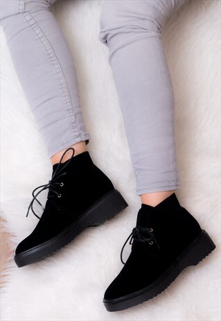 SPYACE LACE UP FLAT ANKLE BOOTS SHOES - BLACK SUEDE STYLE