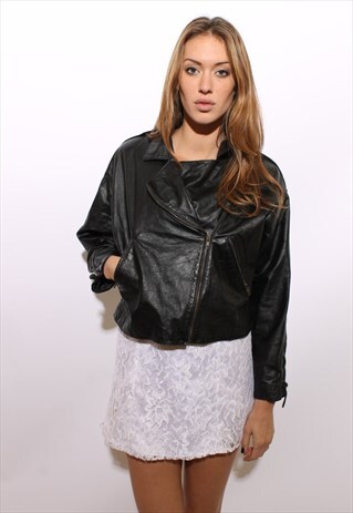 VINTAGE 1980'S 80'S BLACK LEATHER LACED JACKET BIKER M-L