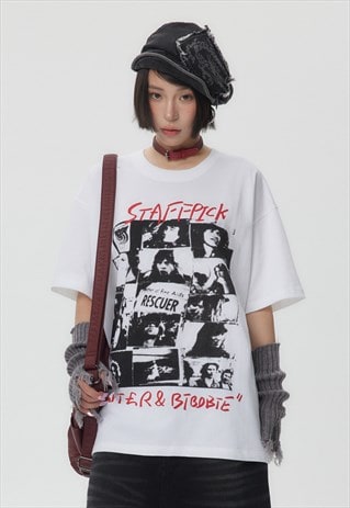 PUNK ROCKER T-SHIRT METALCORE TOP GRUNGE PRINT TEE IN WHITE