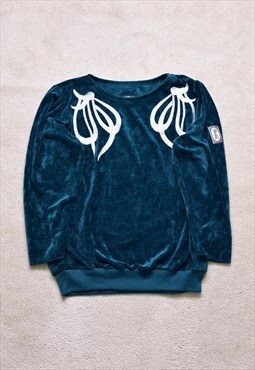 Women's Vintage 80s/90s Green Velour Embroidered Jumper 