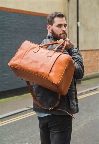 PREMIUM TAN BROWN LEATHER TRAVELLER'S HOLDALL / DUFFLE BAG