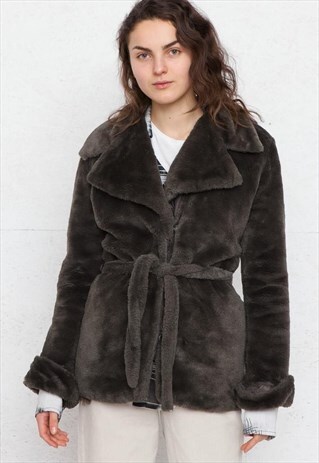 VINTAGE DARK GREY FAUX FUR COAT