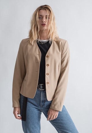 VINTAGE 80S MINIMAL V-NECK BLAZER IN TAN
