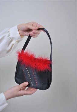 Vintage fake fur bag, 90s women evening rave mini bag