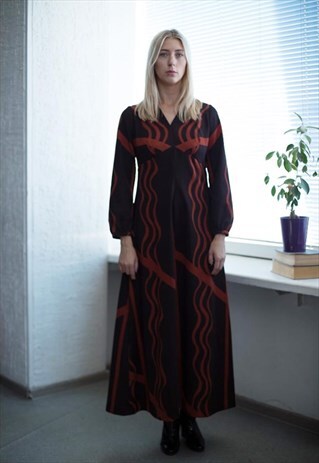 VINTAGE 60'S BROWN LONG SLEEVED MAXI DRESS