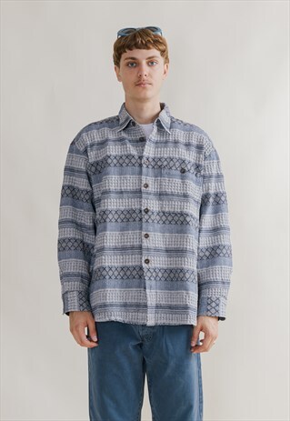 Vintage 90s Winter Stripe Heavy Cotton Blue Shirt Men XL