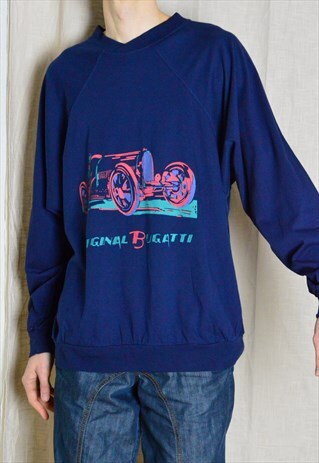 VINTAGE 90S NAVY BLUE GRAPHIC CAR BUGATTI LONG SLEEVE SHIRT