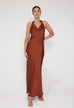 Aurora Cowl Halter Neck Slip Dress - Rust