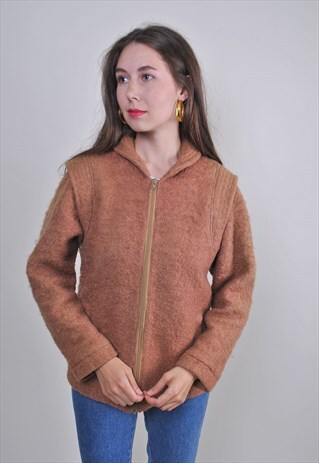 80S BROWN WOOL HOODED JACKET, SIZE M