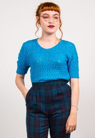 VINTAGE 70'S BLUE CROCHET WAFFLE KNIT TOP