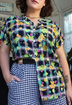 Retro 90s Colourful Plaid Floral Fruity Pattern Shirt Blouse
