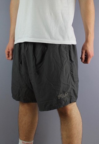 VINTAGE FILA SHORTS IN GREY WITH POCKETS, EMBROIDERED LOGO A