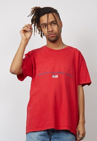VINTAGE 90'S RALPH LAUREN EMBOSSED LOGO RED T-SHIRT
