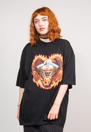 90'S VINTAGE BLACK USA EAGLE FLAME GRUNGE OVERSIZE T-SHIRT