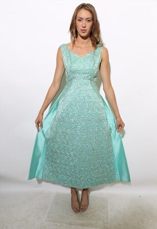 VINTAGE 1950'S 50'S BLUE SATIN BALL GOWN FORMAL SEQUINS M-L