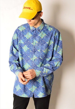 VINTAGE 80S BLUE ABSTRACT LONG SLEEVE SHIRT