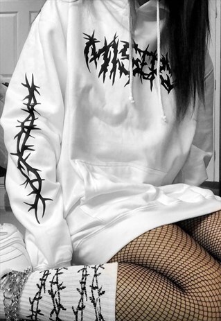 THORNS SLEEVE PRINT WHITE HOODIE W/ BLACK PRINT