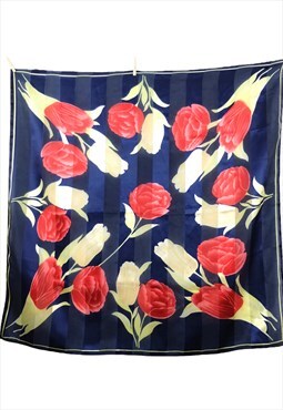 Vintage 80s Scarf Boho Navy Blue Red Roses Floral Bandana