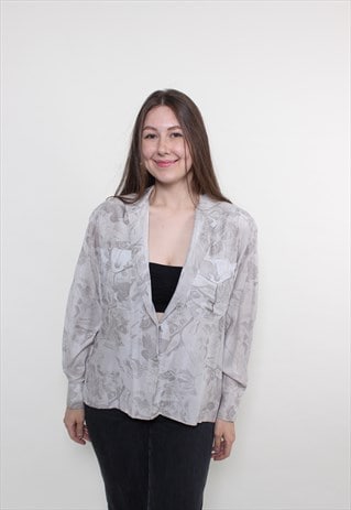 80S ABSTRACT BLOUSE, VINTAGE V-NECK PRINTED GREY BLOUSE