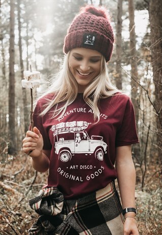 'ADVENTURE AWAITS' WOMENS HAND PRINTED T-SHIRT IN BURGUNDY
