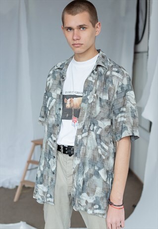 VINTAGE 80S PATTERNED GREY FESTIVAL SHIRT