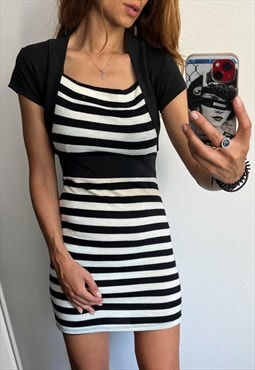 Mini Knit White N Black Striped Dress 