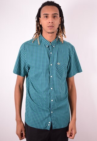 LACOSTE MENS VINTAGE SHIRT LARGE GREEN CHECK 90S