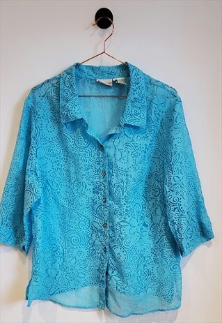 VINTAGE 80S SHEER LACE MESH PAISLEY PRINT SHIRT SIZE 14-16