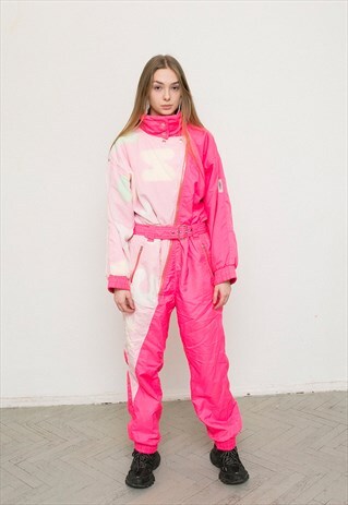 VINTAGE NEON PINK PUFFER ONE PIECE TRACKSUIT SPORTSWEAR SKI