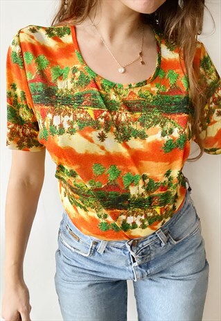 VINTAGE Y2K ISLAND LIFE SHEER T-SHIRT TOP BLOUSE TROPICAL