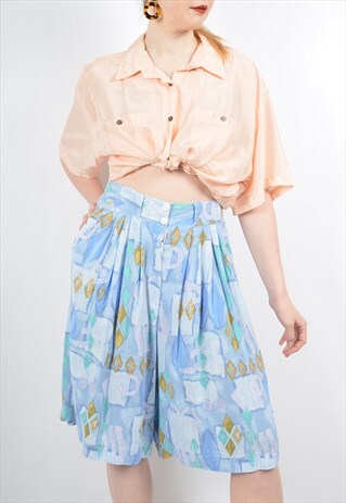 VINTAGE 80S CULOTTE SHORTS IN BLUE ABSTRACT PRINT