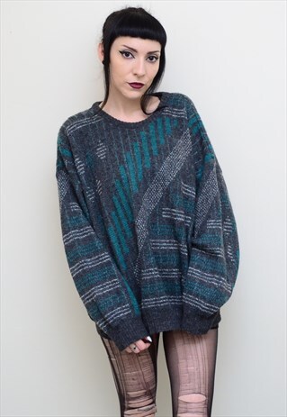 VINTAGE 90'S RETRO ABSTRACT PATTERNED CHUNKY KNIT JUMPER