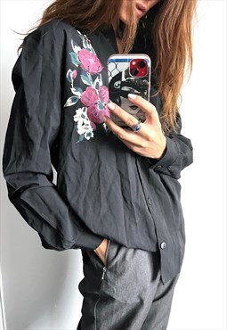 Novelty Black Shirt With Flower Print 
