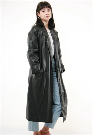 80S VINTAGE LEATHER OVERSIZED LONG MAXI TRENCH COAT 672