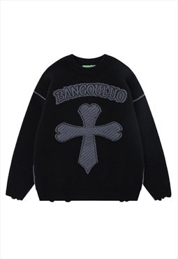 Patchwork sweater knitted cross jumper Gothic top in black