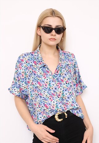 VINTAGE 90S SILK BLUE FLORAL PRINT SHIRT
