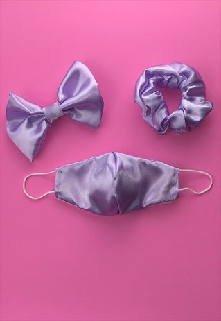 LILAC SATIN FACE COVERING SET WITH SCRUNCHIE OR HAIR BOW