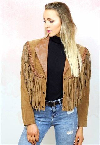 1980S VINTAGE SUEDE WITH LEATHER BROWN CROPPED FRINGE JACKET