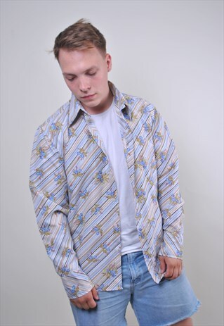 90S MULTICOLOR STRIPED FLORAL LONG SLEEVE SHIRT, SIZE L