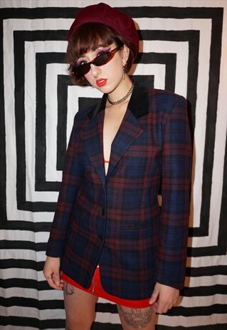 VINTAGE 80S BLUE AND RED TARTAN WOOL MIX BLAZER JACKET