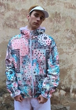 Pastel bandana bomber reversible handmade fleece jacket pink