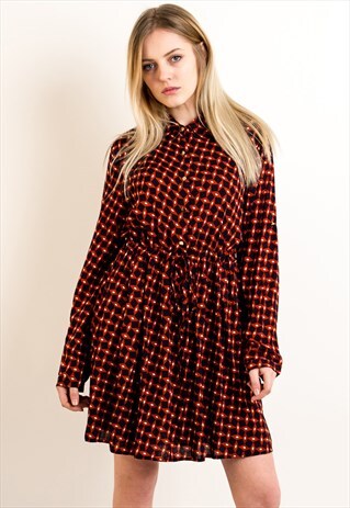 VINTAGE CHECK DIAMOND PRINT COTTON SHIFT DRESS IN ORANGE