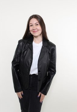 90s black leather blazer, women vintage brutal biker jacket