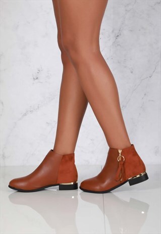 ANKLEBOOT WITH RING ZIP DETAL IN TAN MATT