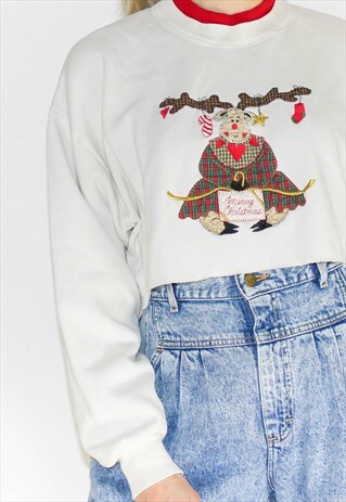 VINTAGE 90'S REINDEER MERRY CHRISTMAS CROPPED SWEATSHIRT