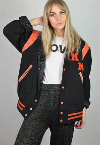 VINTAGE 90S BLACK & ORANGE OVERSIZED BASEBALL VARSITY JACKET