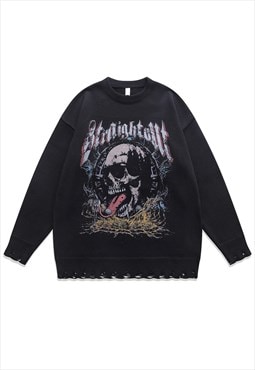 Skull sweater scary knit distressed bones jumper in black
